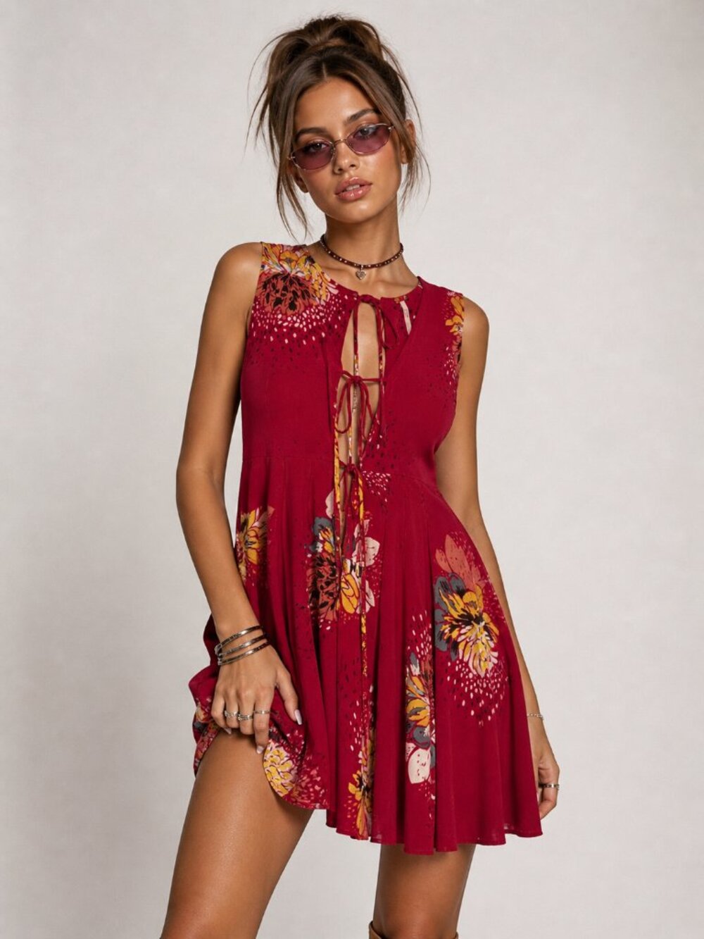 Free People Mini Dress Red Tunic Y2K Babydoll Flowy XS